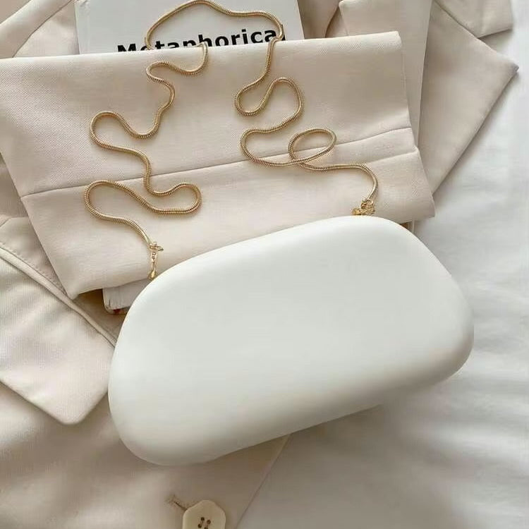 Luxury White Oval Clutch Bag with Gold Handle – Premium Women’s Evening & Party Handbag