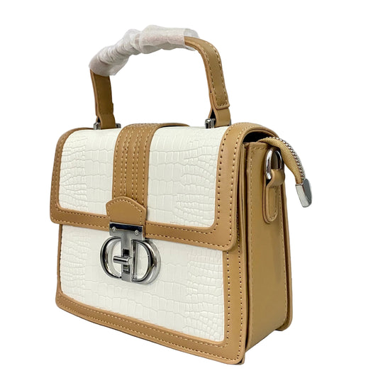 Elegant White Croc-Texture Top Handle Crossbody Bag with Beige Trim & Silver Lock