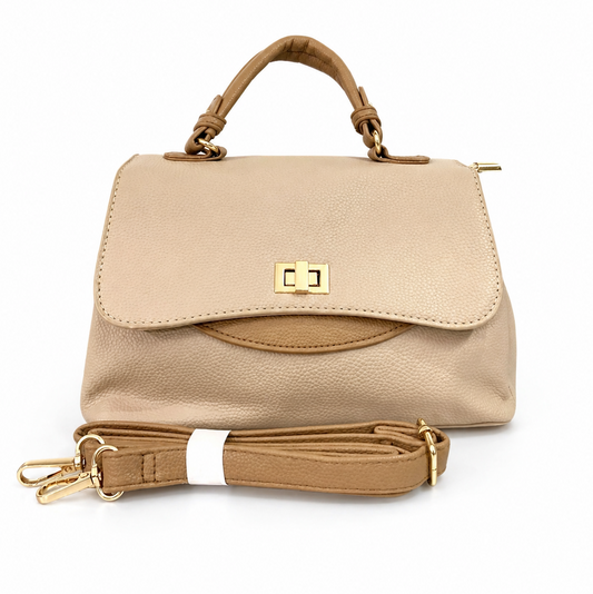 A Elegant Beige Top Handle Satchel Bag with Gold Lock & Detachable Strap