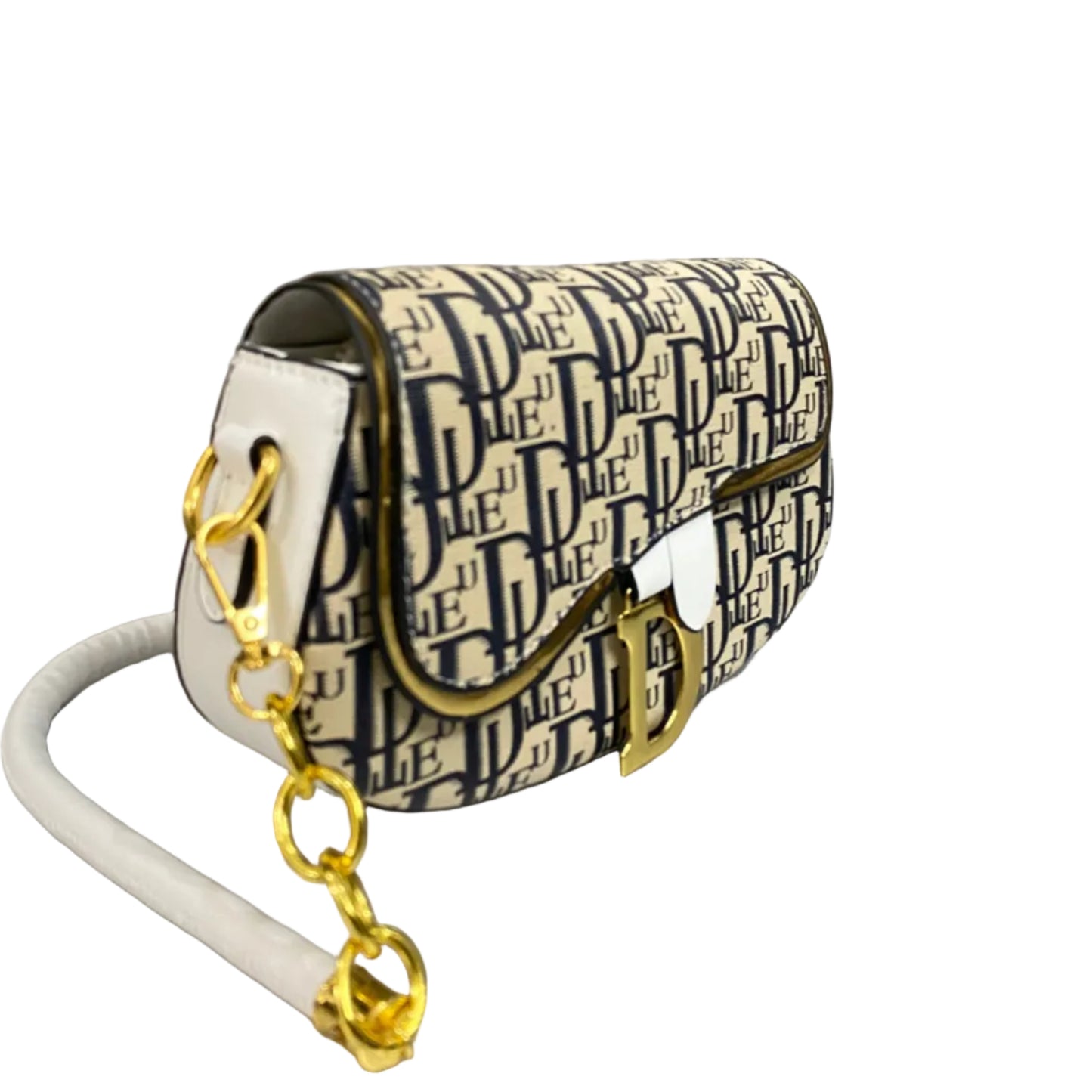 Luxury Monogram Saddle Crossbody Bag for Women – Premium Designer Style Shoulder Purse | Beige & Nav