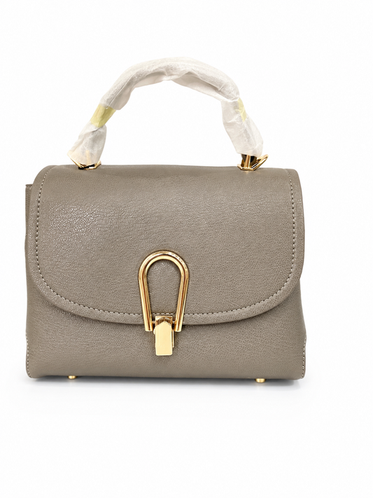 Elegant Grey Top-Handle Designer Handbag with Gold Accent Lock