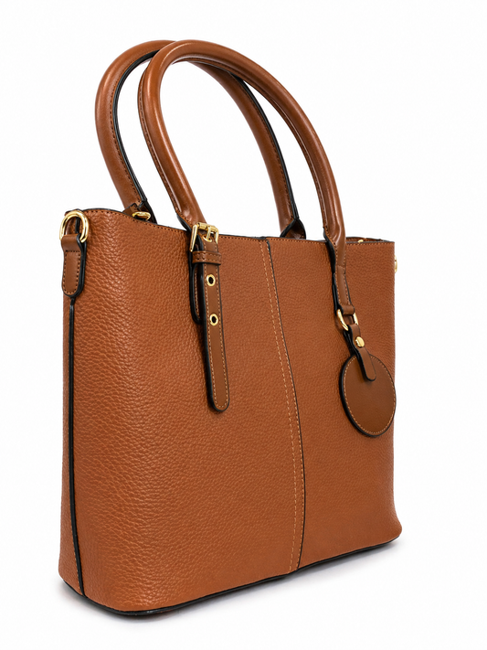 Premium Brown Pebbled Leather Tote Bag with Gold Hardware