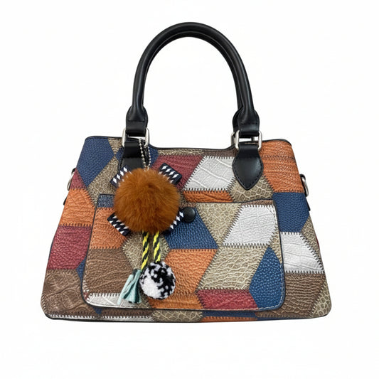 Premium Geometric Patchwork Handbag with Pom Pom Charm β Stylish Womenβs Shoulder & Crossbody Bag
