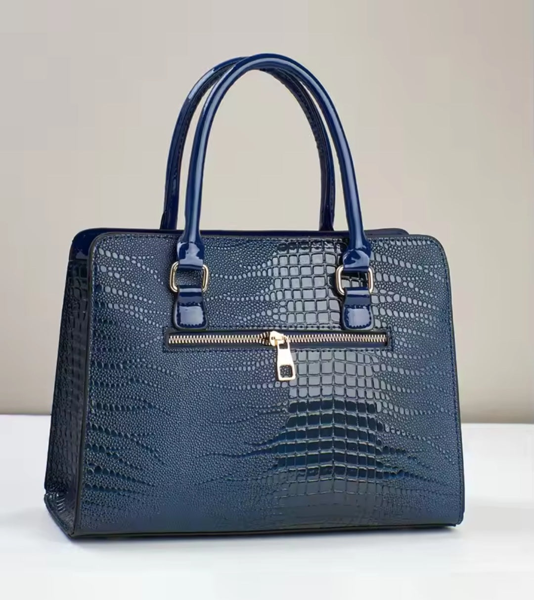 Elegant Navy Croc-Embossed Patent Leather Handbag