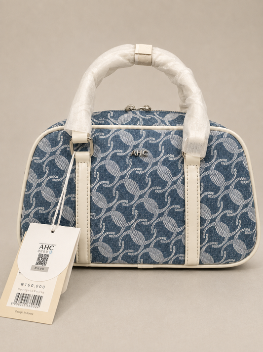 A Elegant Blue Jacquard Mini Boston Bag with Ivory Leather Trim