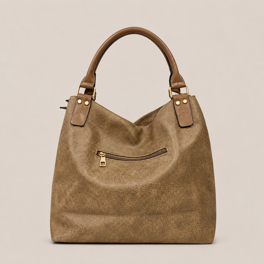 Chic Two-Tone Beige & Olive Leather Tote Bag with Detachable Strap