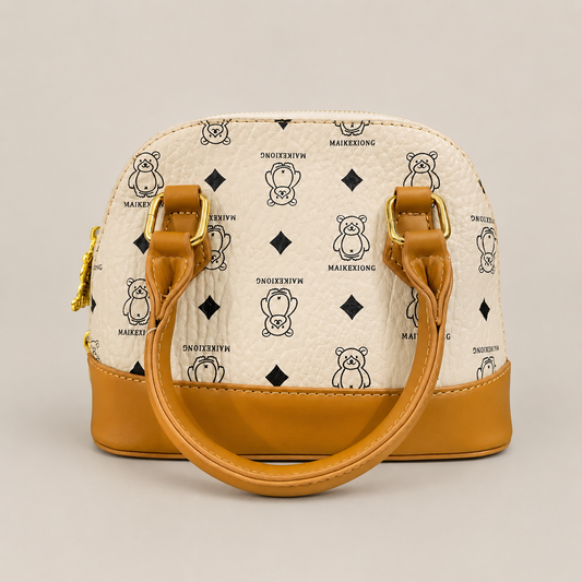 Cute Bear Print Mini Top Handle Handbag for Women β Premium PU Leather Crossbody Purse (White & Tan)