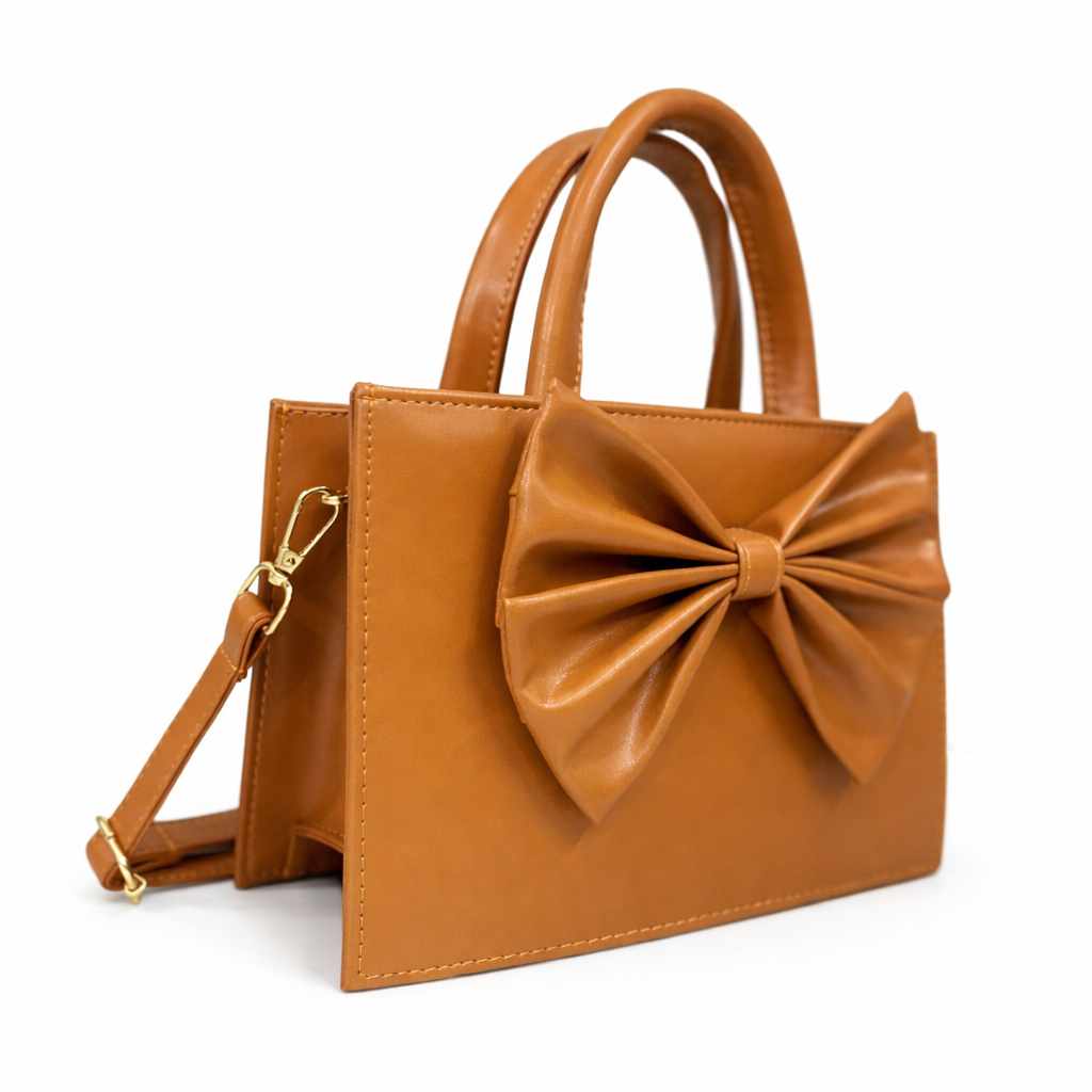 Elegant Bow Accent Mini Tote Bag – Premium Faux Leather Handbag (Caramel Brown)