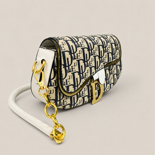 Luxury Monogram Saddle Crossbody Bag for Women β Premium Designer Style Shoulder Purse | Beige & Nav