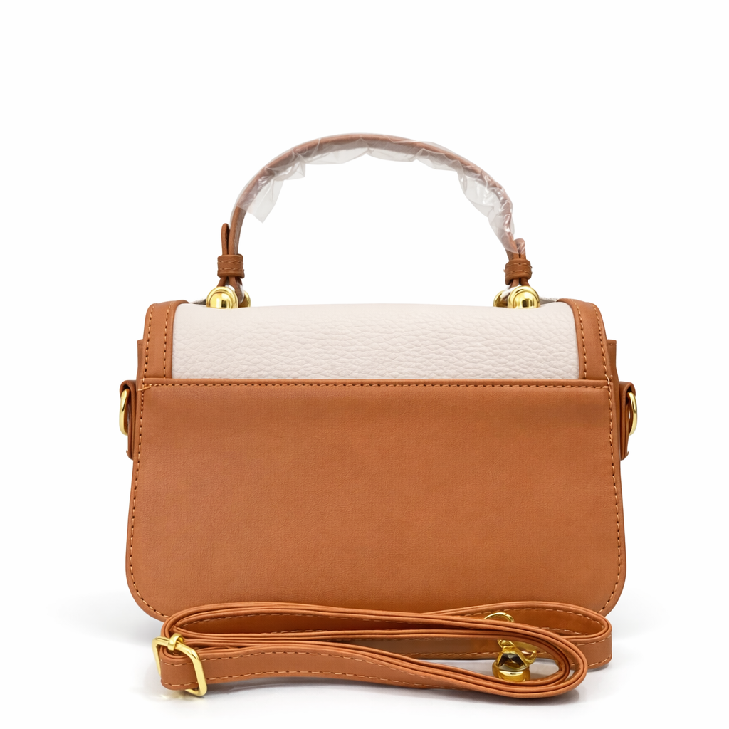 A Luxury Brown & Cream Handbag – Premium Textured Leather Crossbody Bag with Gold Lock