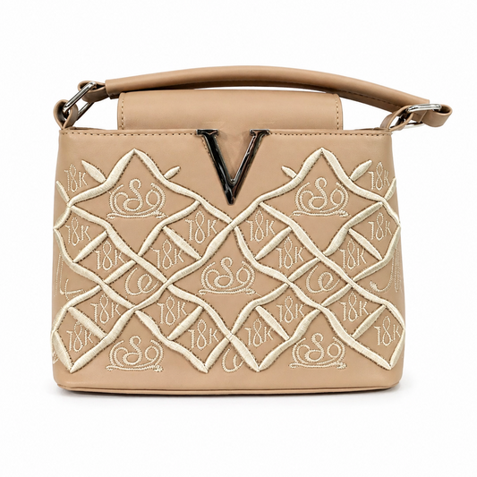 Luxury Embroidered Beige Top Handle Handbag for Women