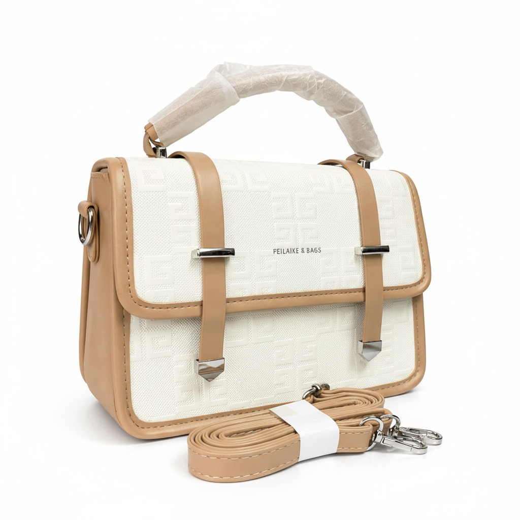 A -Elegant Women Handbag 2-Piece Set – Premium Textured Crossbody Bag with Detachable Strap (Beige & Nude)