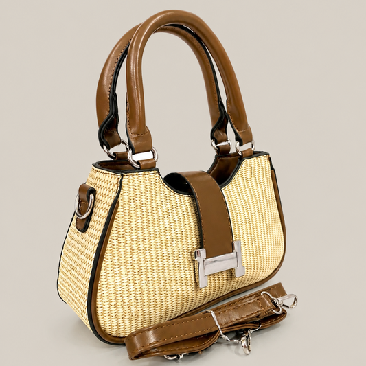 A Chic Woven Straw Handbag with Leather Trim & Statement Buckle