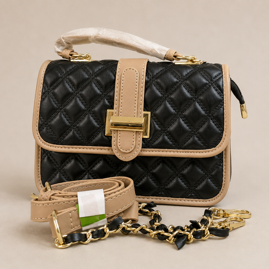Luxury Quilted Black & Beige Crossbody Shoulder Bag for Women | Premium Fashion Handbag