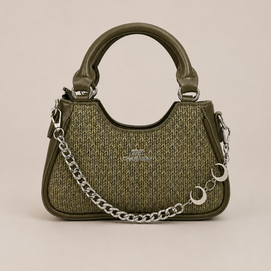 A Elegant Olive Green Textured Mini Handbag with Chain Detail