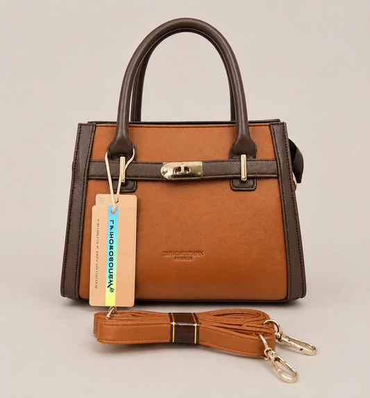 A Elegant Two-Tone Leather Handbag with Detachable Strap