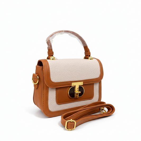 A Luxury Brown & Cream Handbag – Premium Textured Leather Crossbody Bag with Gold Lock