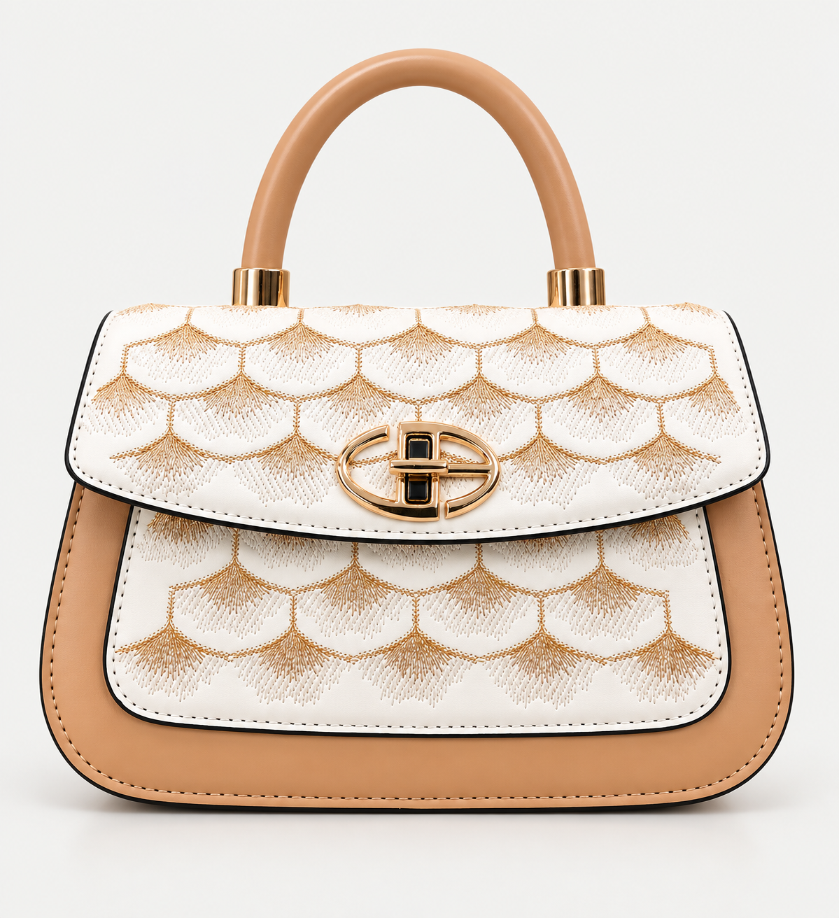 Elegant Beige & White Embroidered  Handle Bag