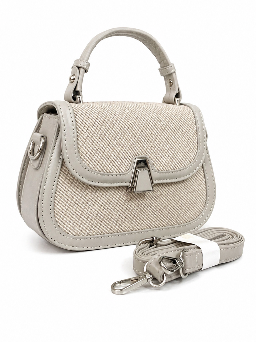 Beige Textured Mini Top Handle Bag with Adjustable Stra