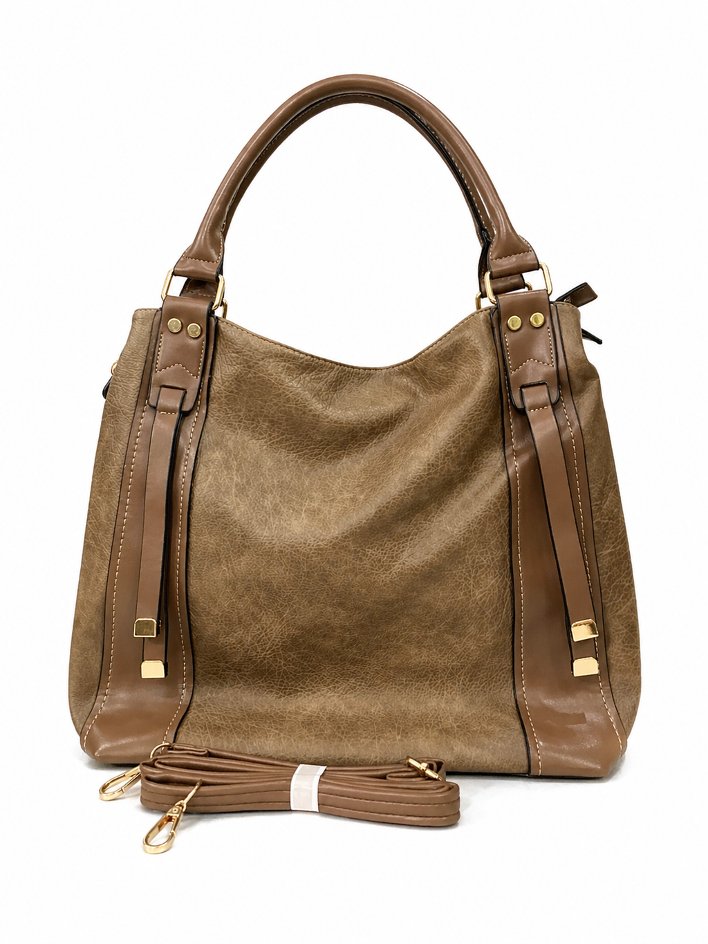 Chic Two-Tone Beige & Olive Leather Tote Bag with Detachable Strap