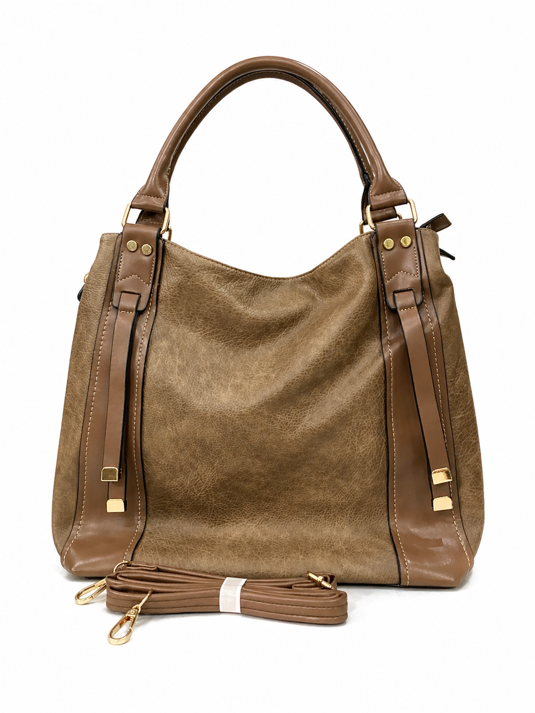 Chic Two-Tone Beige & Olive Leather Tote Bag with Detachable Strap