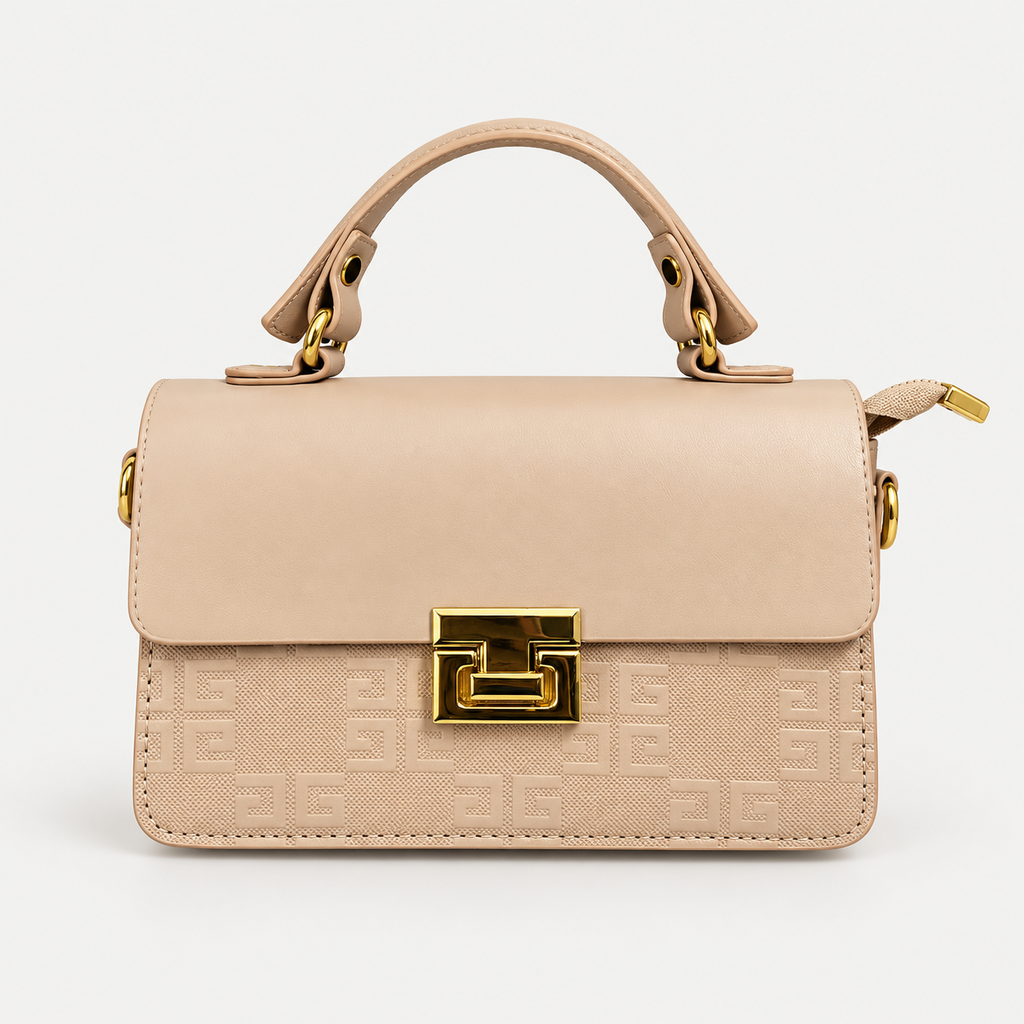 Elegant Beige Structured Handbag with Gold-Tone Hardware