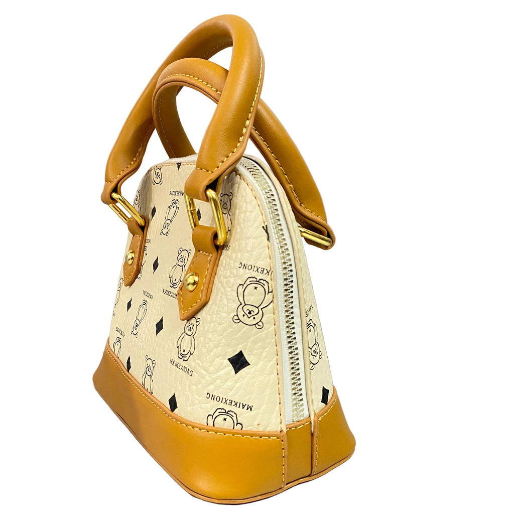 Elegant Cream Teddy Print Tan Handle Handbag