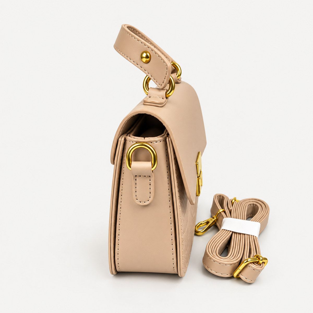 Elegant Beige Structured Handbag with Gold-Tone Hardware