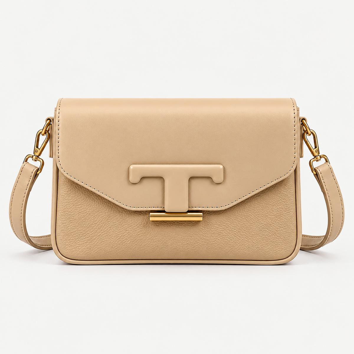 Elegant Beige Crossbody Bag with Gold-Tone Details