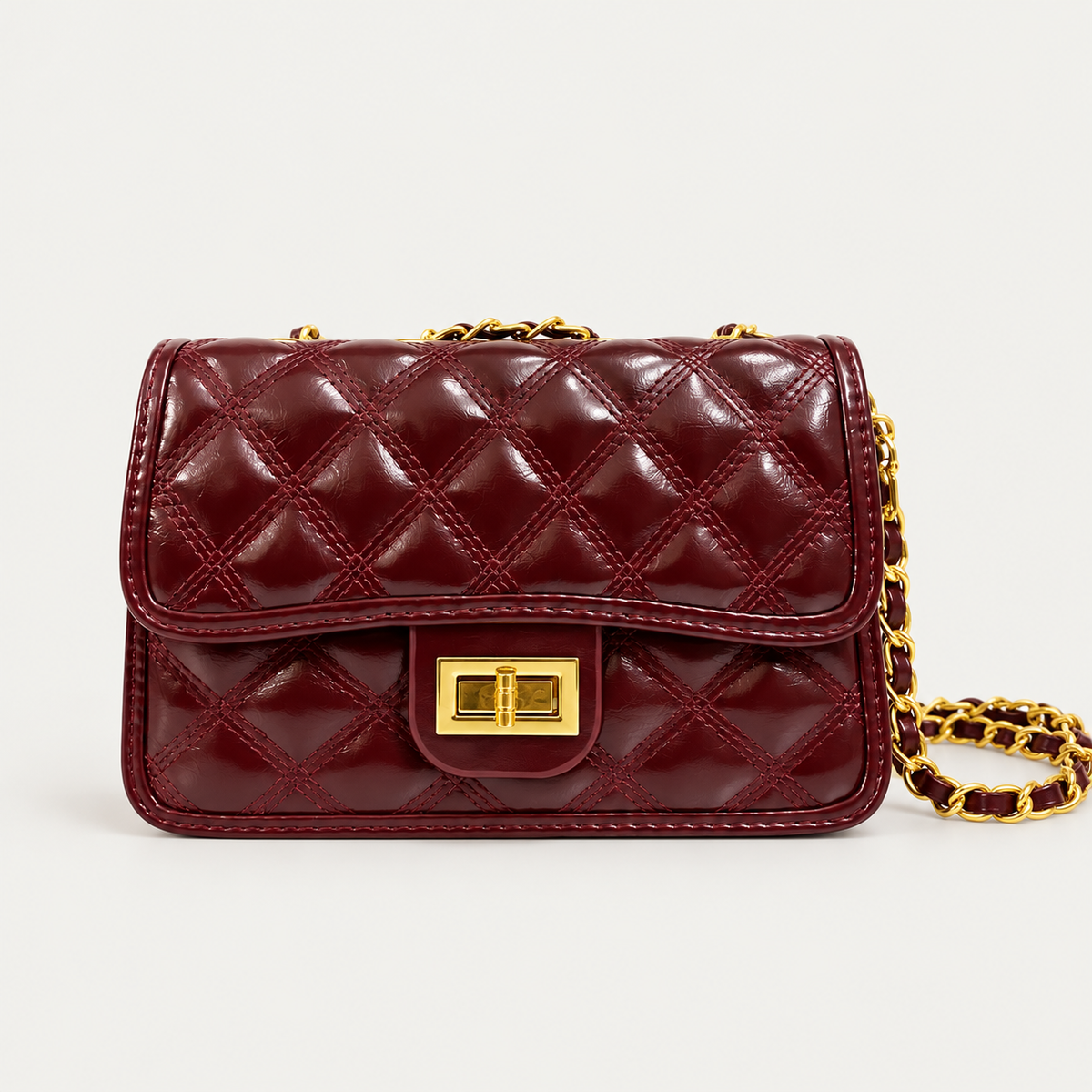 Burgundy Quilted Chain Shoulder Bag – Gold Hardware