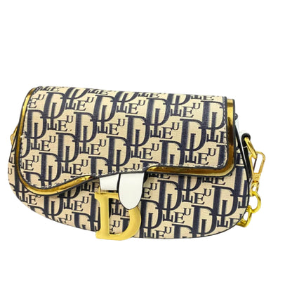 Luxury Monogram Saddle Crossbody Bag for Women – Premium Designer Style Shoulder Purse | Beige & Nav