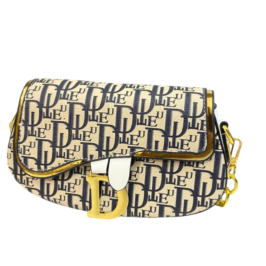 Luxury Monogram Saddle Crossbody Bag for Women – Premium Designer Style Shoulder Purse | Beige & Nav