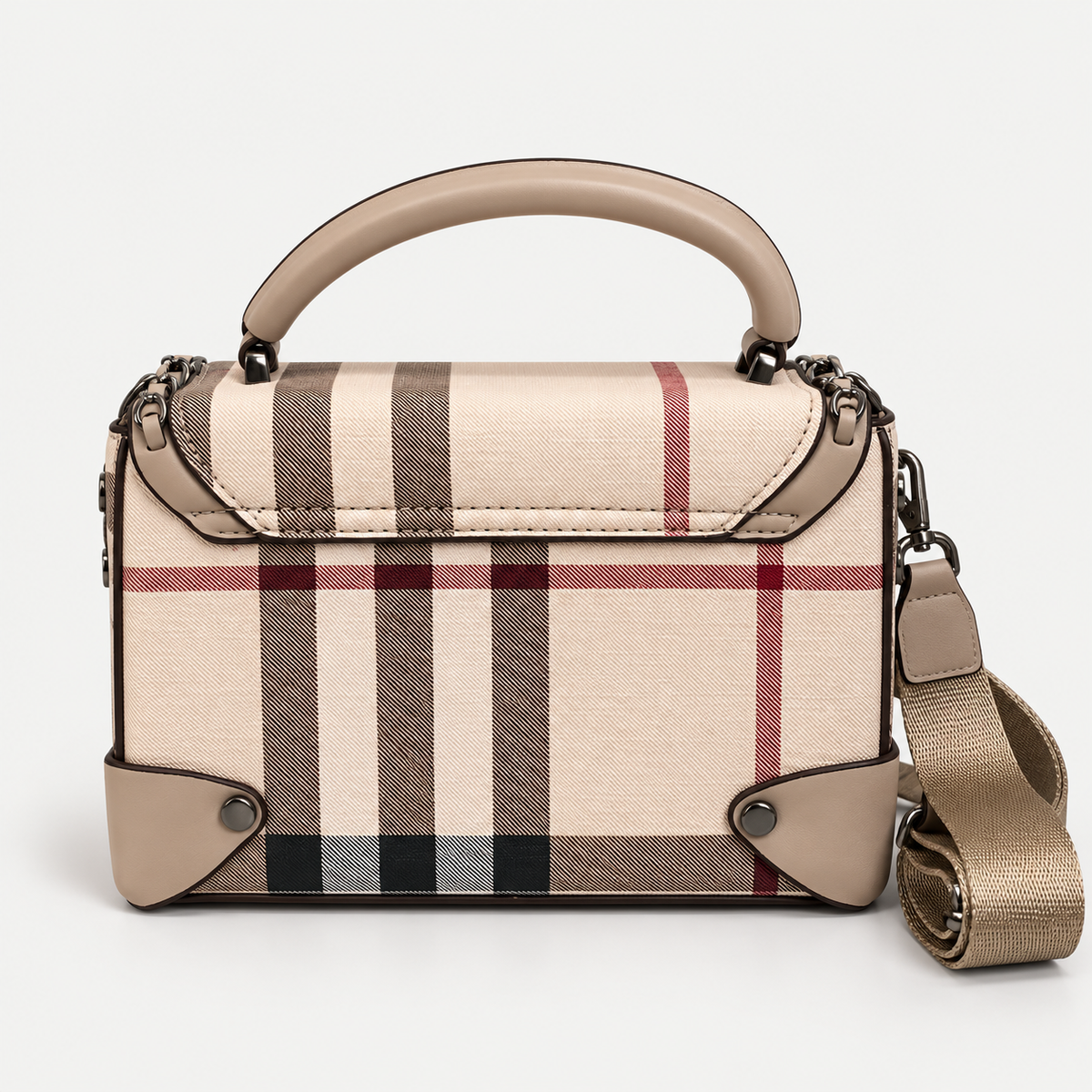Premium Beige Plaid Top-Handle Handbag