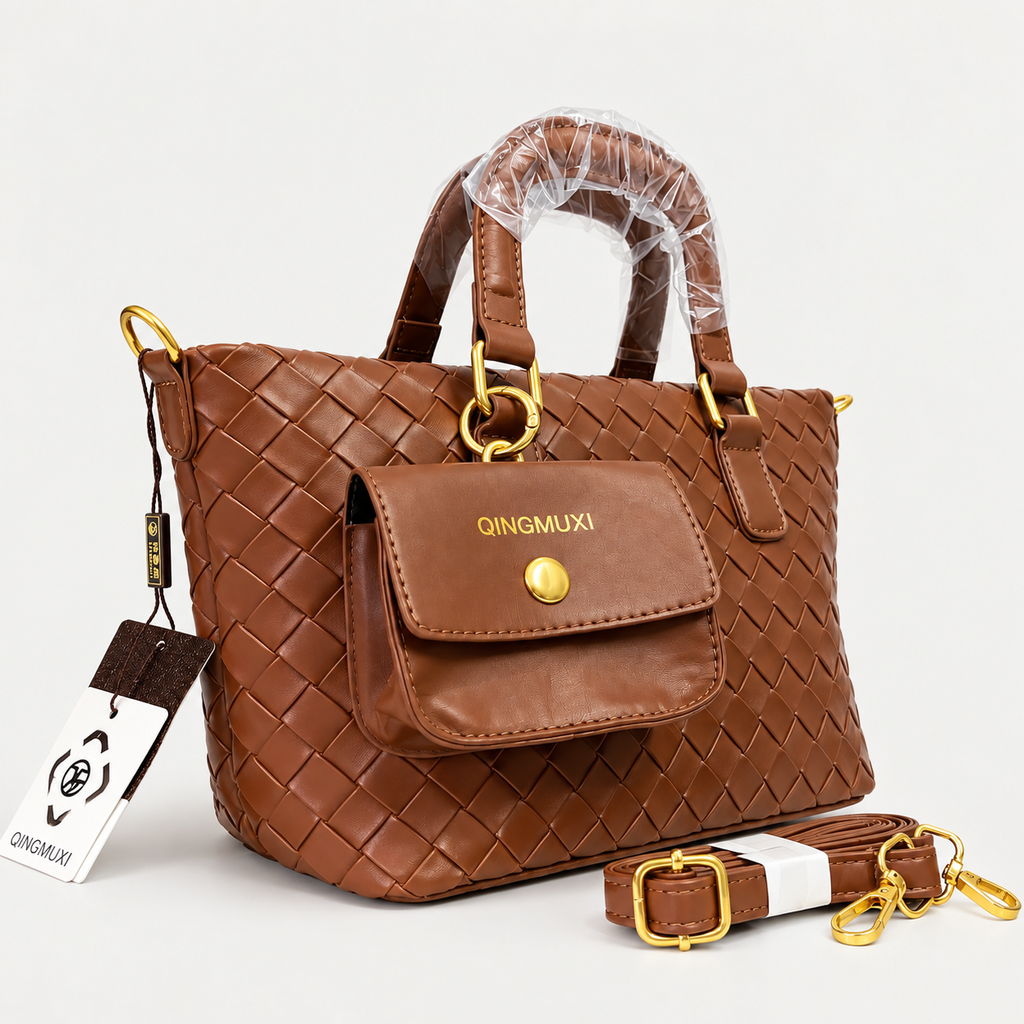 Luxury Woven Brown Leather Tote Handbag