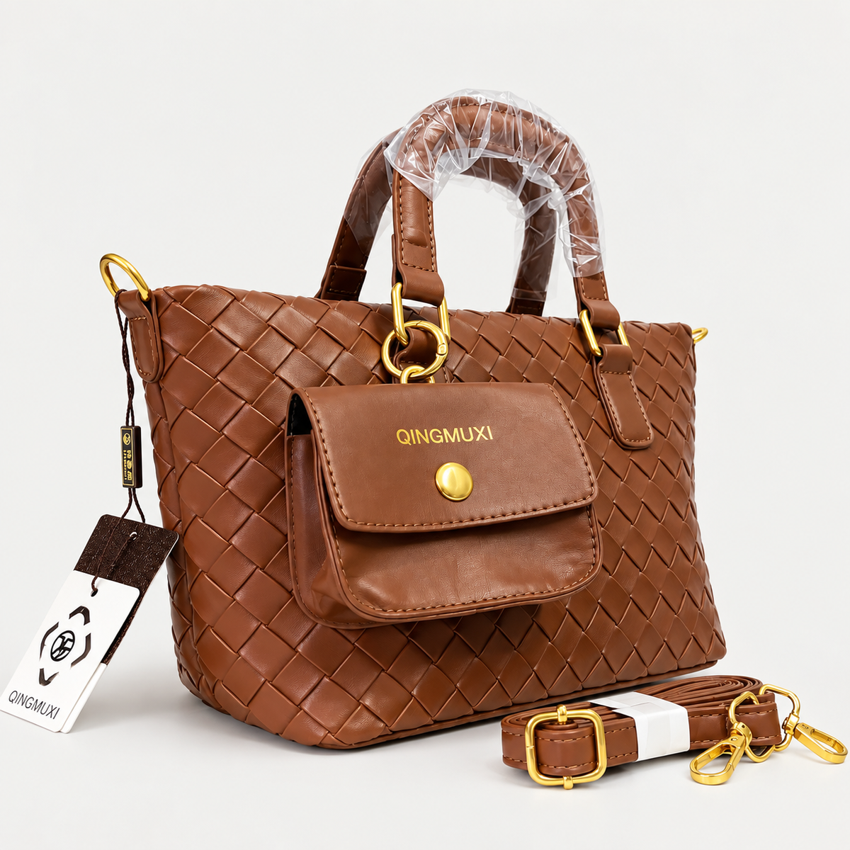Luxury Woven Brown Leather Tote Handbag