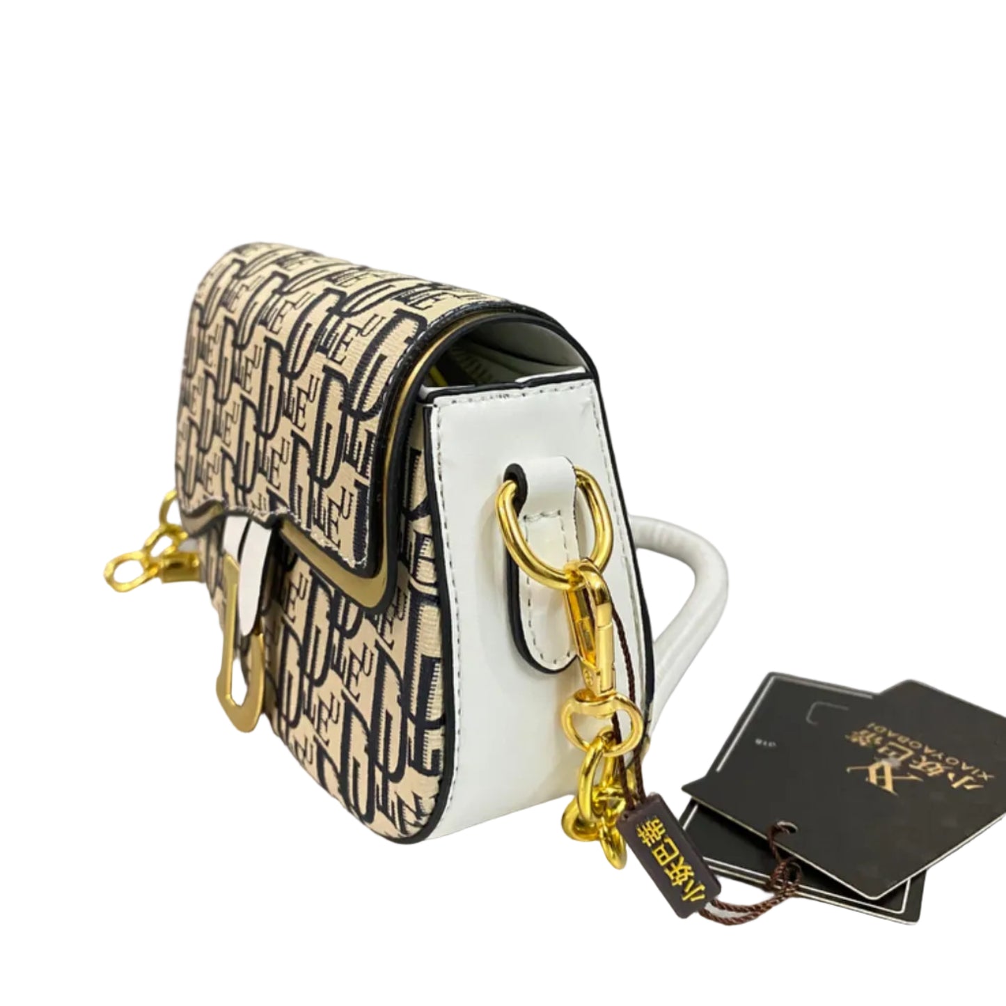 Luxury Monogram Saddle Crossbody Bag for Women – Premium Designer Style Shoulder Purse | Beige & Nav