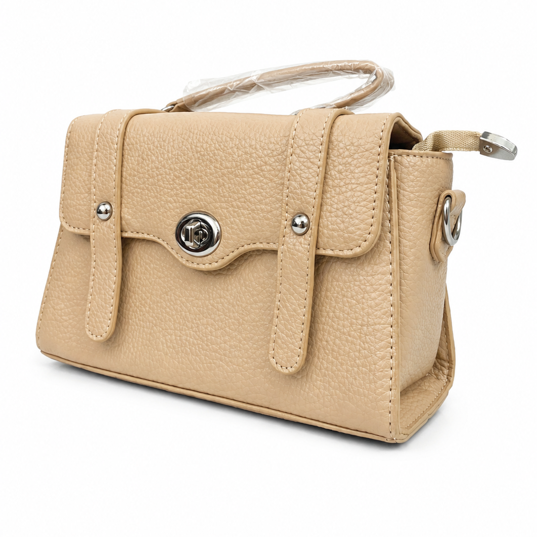 Elegant Beige Textured Top-Handle Handbag