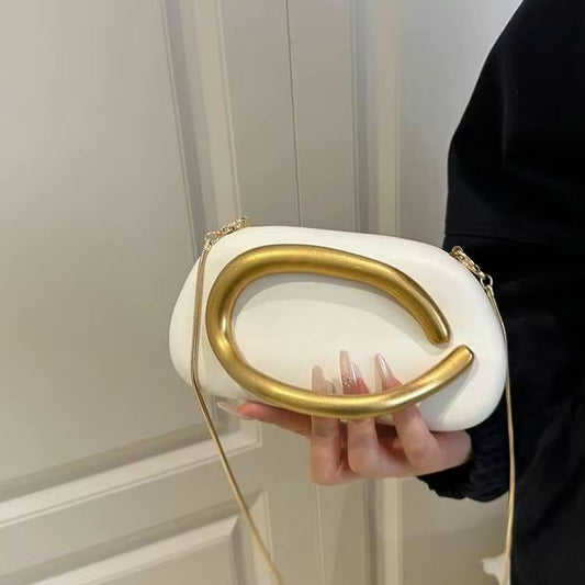 Luxury White Oval Clutch Bag with Gold Handle – Premium Women’s Evening & Party Handbag