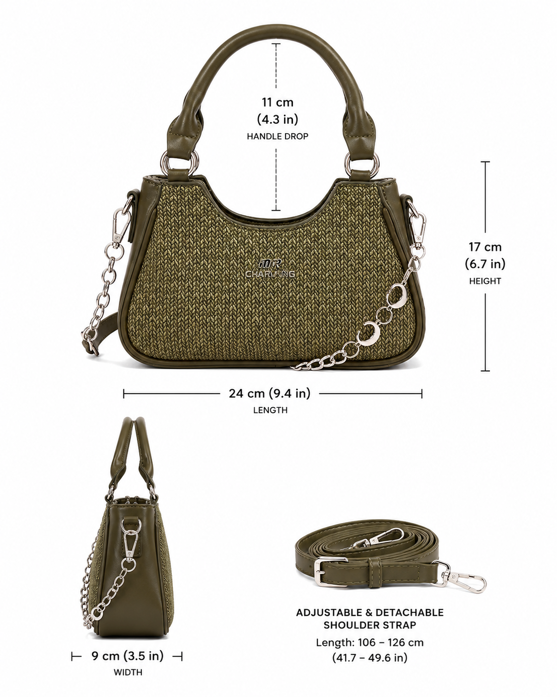 A Elegant Olive Green Textured Mini Handbag with Chain Detail
