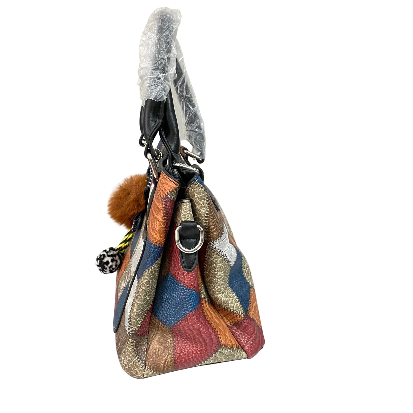 Premium Geometric Patchwork Handbag with Pom Pom Charm – Stylish Women’s Shoulder & Crossbody Bag