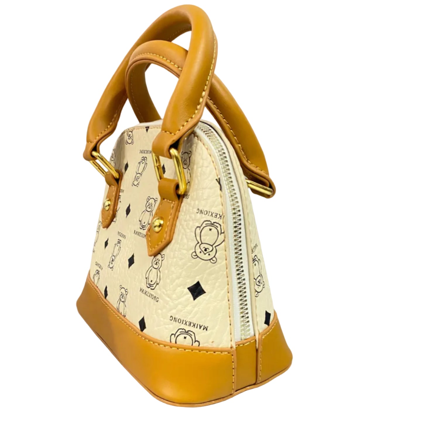 Cute Bear Print Mini Top Handle Handbag for Women – Premium PU Leather Crossbody Purse (White & Tan)