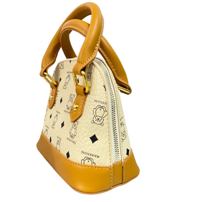 Cute Bear Print Mini Top Handle Handbag for Women – Premium PU Leather Crossbody Purse (White & Tan)