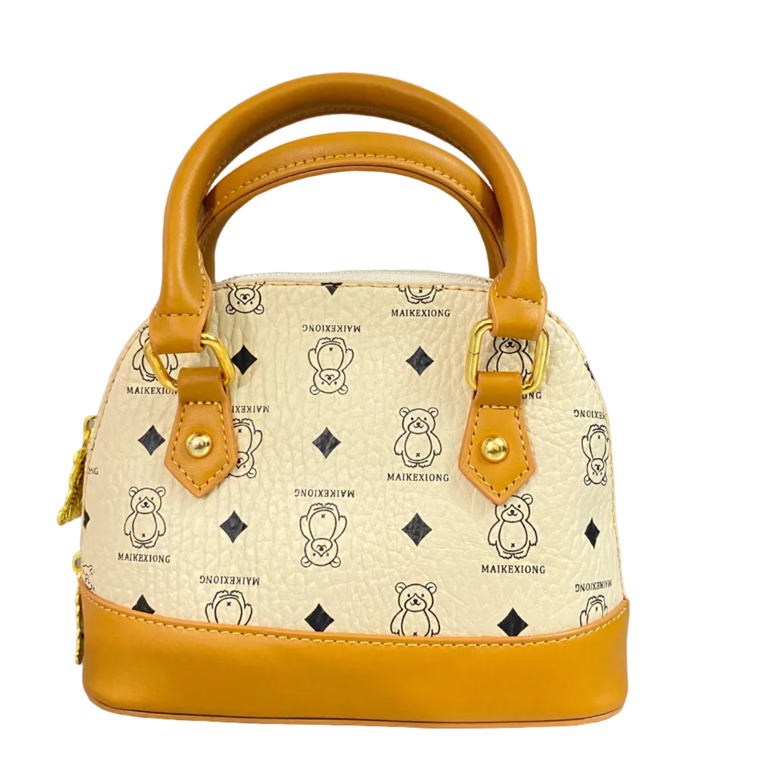 Elegant Cream Teddy Print Tan Handle Handbag