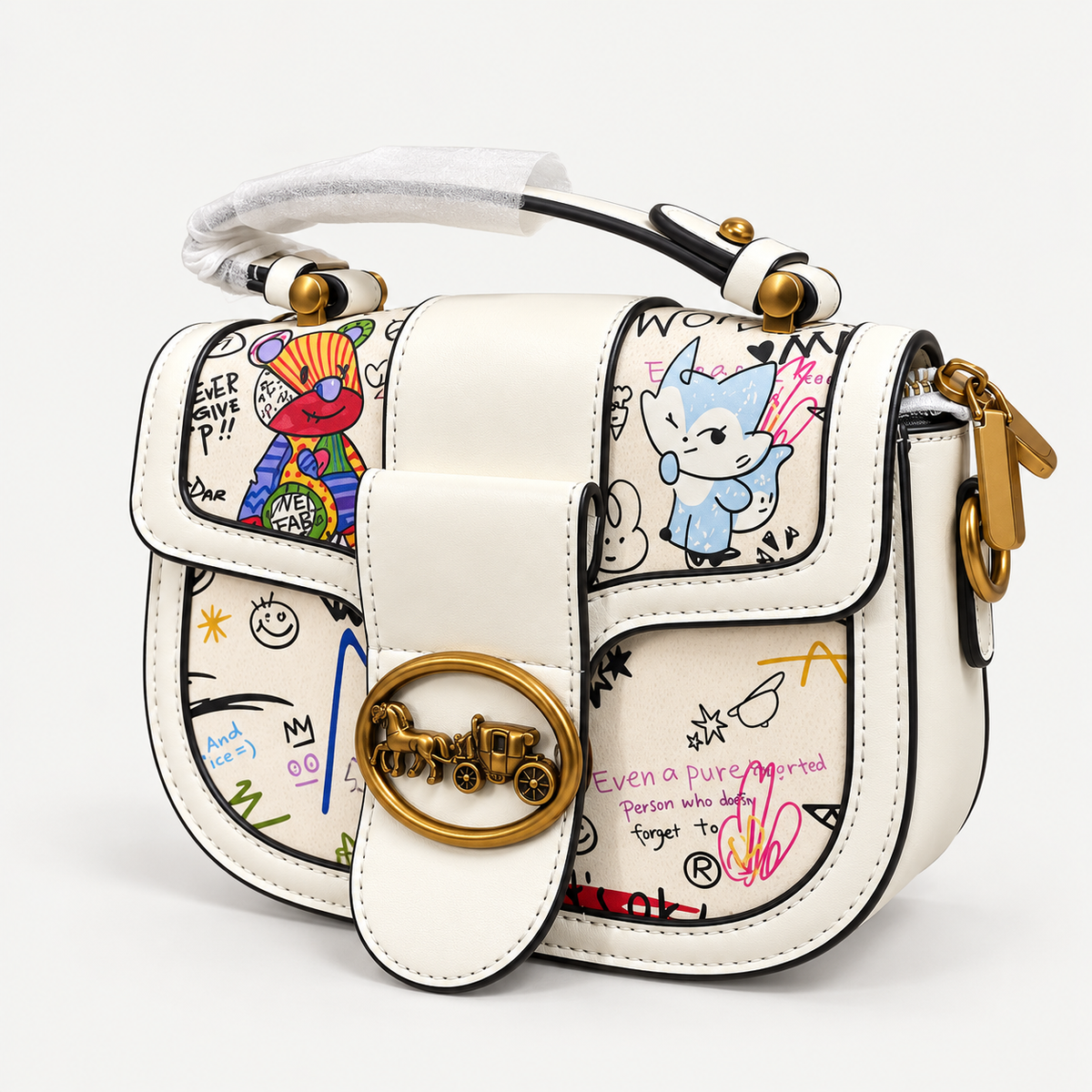 Ivory Graffiti Print Bag  Gold-Tone Hardware