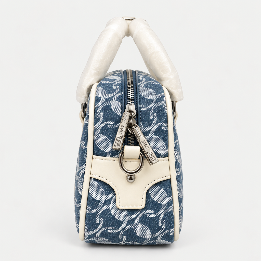 Elegant Blue Jacquard Handbag with Cream Details