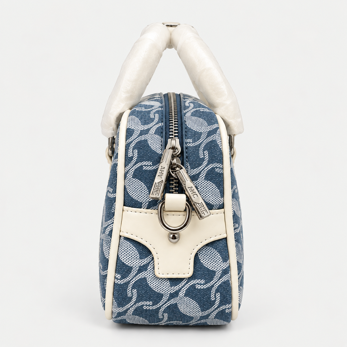 Elegant Blue Jacquard Handbag with Cream Details