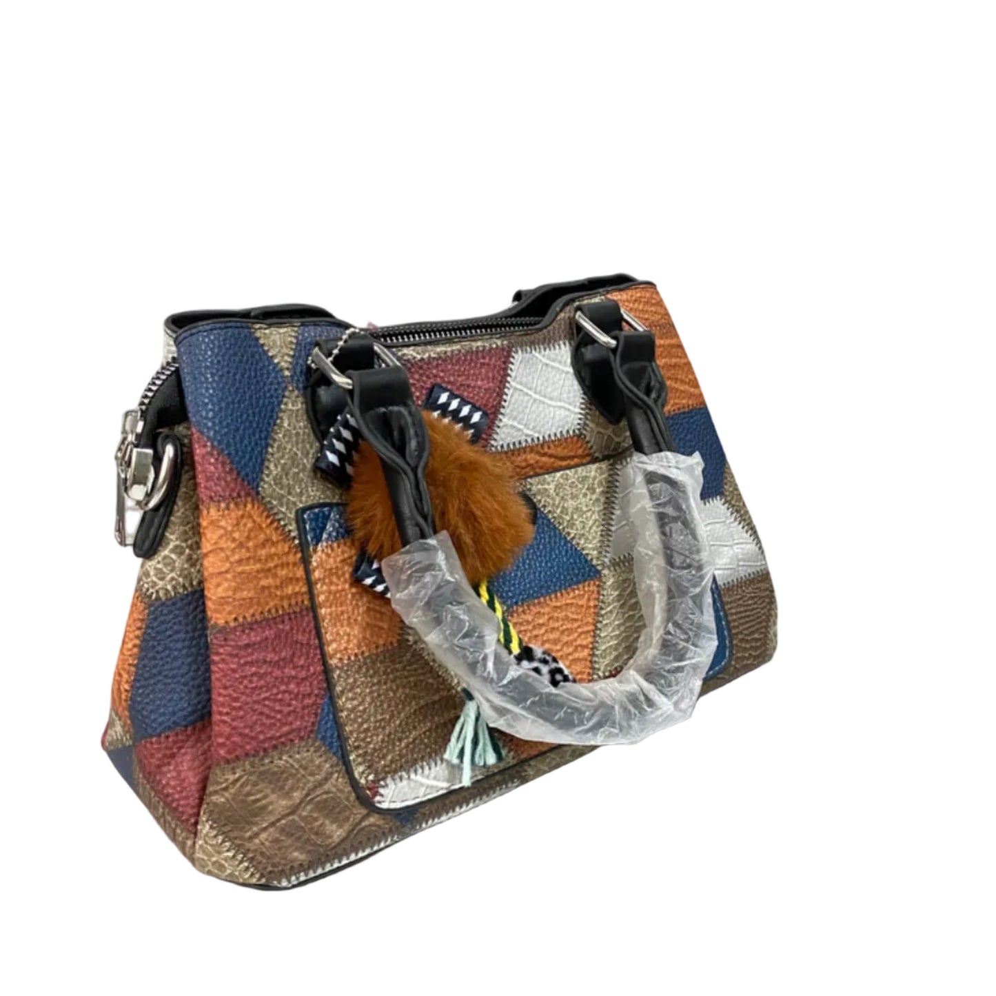 Premium Geometric Patchwork Handbag with Pom Pom Charm – Stylish Women’s Shoulder & Crossbody Bag