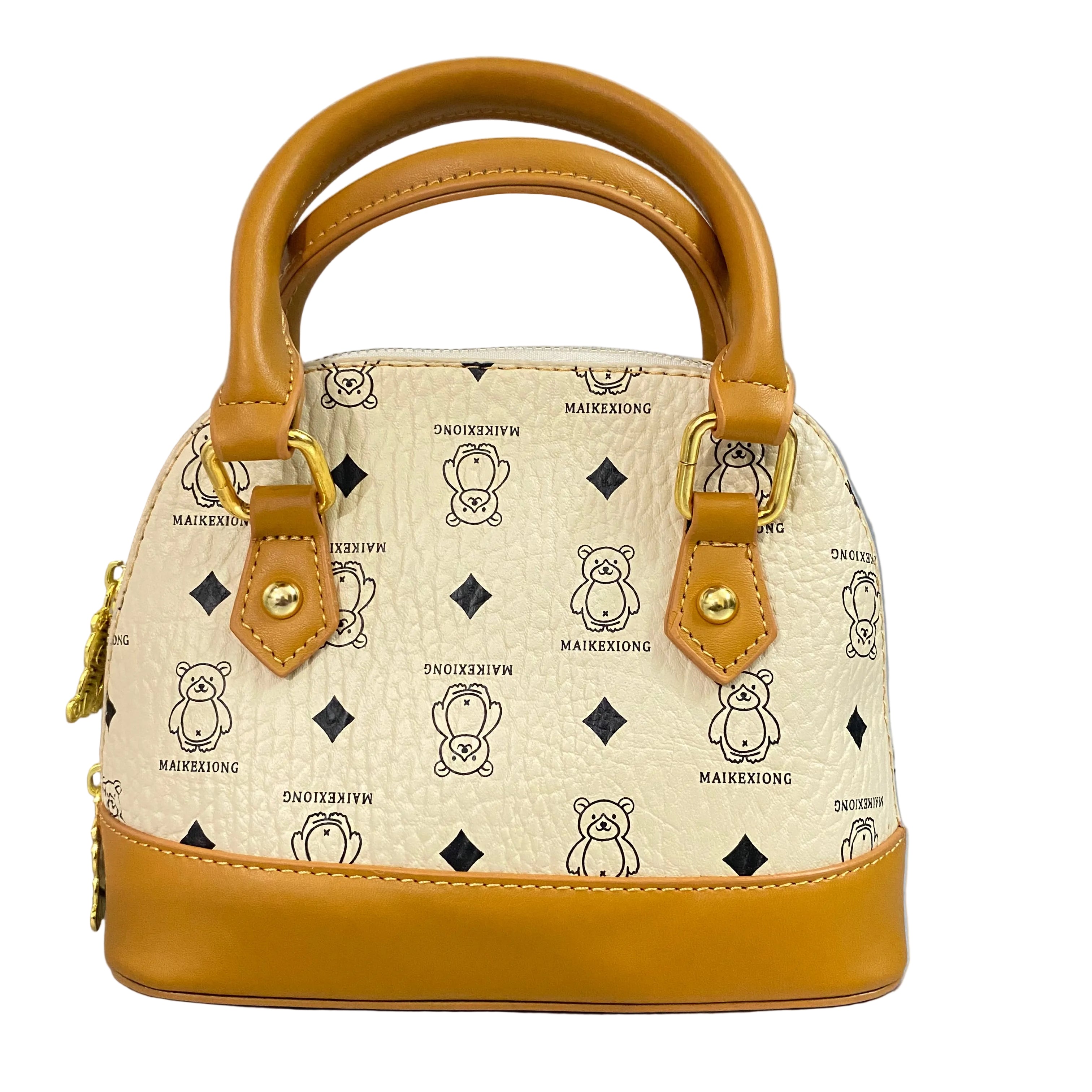 Elegant Cream Teddy Print Tan Handle Handbag