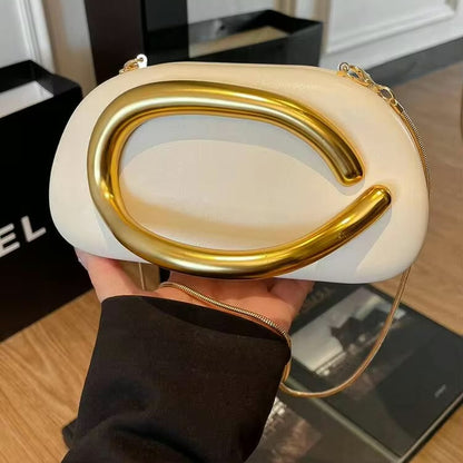 Luxury White Oval Clutch Bag with Gold Handle – Premium Women’s Evening & Party Handbag