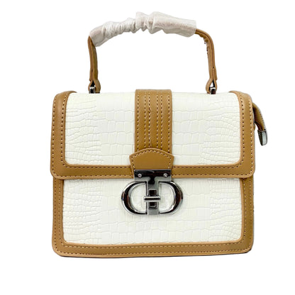 Elegant White Croc-Texture Top Handle Crossbody Bag with Beige Trim & Silver Lock